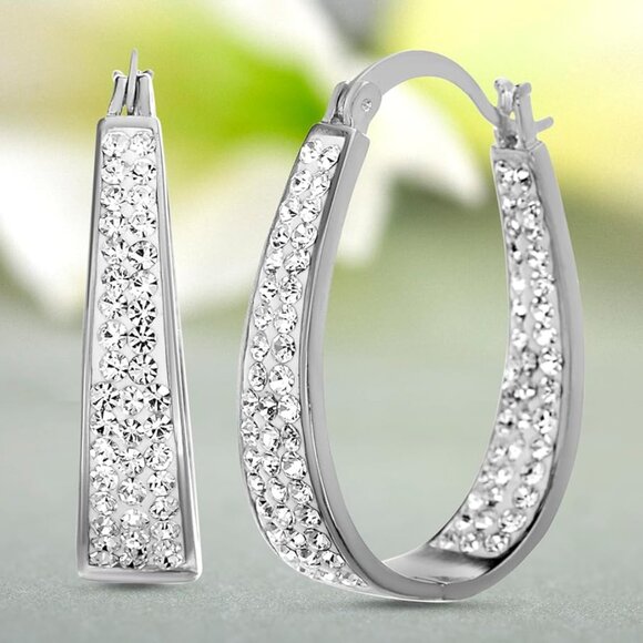Oval Inside Outside Hoop Earrings for Women Faceted Sparkle Crystals - Picture 4 of 7